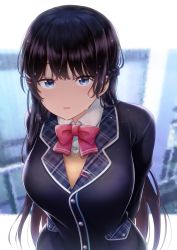 Rule 34 | 1girl, arms behind back, black hair, black jacket, blazer, blue eyes, blurry, blurry background, bow, bowtie, braid, breasts, collared shirt, commentary, contllenge, dress shirt, french braid, hair ornament, hairclip, highres, jacket, large breasts, long hair, looking at viewer, nijisanji, parted lips, pink bow, pink bowtie, school uniform, shirt, solo, tsukino mito, tsukino mito (1st costume), upper body, vest, virtual youtuber, wet, wet hair, white shirt, wing collar, yellow vest