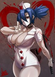 Rule 34 | 1girl, absurdres, artist name, blood, blue hair, bonesaw, breasts, cleavage, commentary, covered erect nipples, eyepatch, hacksaw, hat, heart, highres, jmg, large breasts, looking at viewer, mask, mouth mask, nurse, nurse cap, ponytail, red eyes, saw, short hair, signature, skullgirls, solo, thick thighs, thighs, valentine (skullgirls)