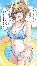 Rule 34 | 1girl, alternate costume, animal ears, blue eyes, breasts, brown hair, cheval grand (umamusume), cleavage, commentary request, hair between eyes, highres, horse ears, horse girl, horse tail, looking at viewer, medium breasts, medium hair, ocean, reaching, reaching towards viewer, solo, swimsuit, tail, toshi04193211, translation request, umamusume, water, wet