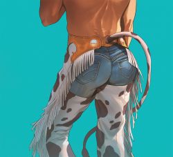 Rule 34 | aqua background, ass, back, cow tail, denim, feet out of frame, from behind, gender request, highres, jeans, original, oskar vega, pants, pocket, simple background, solo, tail