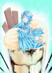 Rule 34 | 1girl, ;p, anivia, blue hair, blue skin, breasts, chocolate, colored skin, food, glass, harpy, highres, ice cream, in food, kneeling, league of legends, mini person, minigirl, monster girl, nam (valckiry), one eye closed, parfait, personification, red eyes, shiny skin, short hair, short hair with long locks, snowflakes, talons, tongue, tongue out, wafer, winged arms, wings, wink