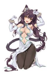 Rule 34 | 10s, 1girl, :d, absurdres, animal ear fluff, animal ears, armpits, arms up, bare shoulders, black pantyhose, blush, boots, bracelet, braid, breasts, bright pupils, center opening, cleavage, dress, elbow gloves, fangs, full body, gloves, highres, isekai maou to shoukan shoujo no dorei majutsu, jewelry, kneeling, large breasts, long hair, looking at viewer, navel, open mouth, pantyhose, purple hair, side slit, simple background, single braid, smile, solo, sorami galleu, tail, thigh gap, tsurusaki takahiro, very long hair, white background, white dress, white gloves, yellow eyes