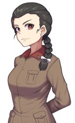Rule 34 | 1girl, arms behind back, black hair, braid, bright pupils, brown eyes, chi-hatan (emblem), chi-hatan military uniform, closed mouth, commentary, emblem, girls und panzer, hair over shoulder, hair ribbon, highres, lapel pin, long hair, looking at viewer, ribbon, simple background, single braid, smile, solo, standing, tamada tamaki, upper body, white background, white pupils, white ribbon, yougata
