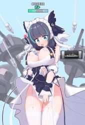 Rule 34 | 1girl, aqua hair, areola slip, arm under breasts, artillery, azur lane, bebetang, between breasts, black dress, blue background, blue eyes, blue hair, blunt bangs, blush, bow, breasts, character name, cheshire (azur lane), cleavage, cleavage cutout, clothing cutout, covering privates, covering crotch, cowboy shot, dress, earrings, frilled bow, frills, gameplay mechanics, garter belt, garter straps, hair bow, highres, jewelry, korean commentary, large breasts, maid headdress, medium hair, multicolored hair, open mouth, outline, panties, rigging, rocket, simple background, solo, streaked hair, surprised, thighhighs, thighs, torn clothes, turret, two-tone hair, underwear, white garter belt, white panties, white thighhighs, wind, wind lift, wrist cuffs