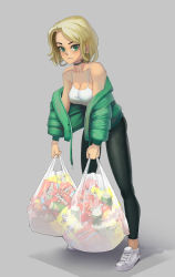 Rule 34 | 1girl, absurdres, bag, black pants, blonde hair, breasts, camisole, choker, cleavage, commentary, doritos, earrings, english commentary, green eyes, heavy, highres, hoop earrings, jewelry, large breasts, long legs, looking at viewer, mountain dew, off-shoulder jacket, off shoulder, original, pants, parka, shoes, shopping bag, short hair, sneakers, solo, tight clothes, tight pants, toned, too many, tumtumisu, yoga pants