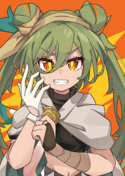 Rule 34 | 1girl, adjusting clothes, adjusting gloves, cape, commentary, creatures (company), double bun, eyelashes, game freak, gloves, green hair, grin, ground miku (project voltage), hair between eyes, hair bun, hatsune miku, highres, kurogane vipers, long hair, looking at viewer, navel, nintendo, orange background, pokemon, project voltage, smile, solo, teeth, twintails, upper body, vocaloid, white gloves, yellow pupils