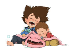 Rule 34 | 1boy, 1girl, 1other, barefoot, brother and sister, brown hair, digimon, digimon (creature), digimon adventure, digimon adventure (movie), fangs, feet, goggles, goggles around neck, koromon, messy hair, open mouth, sharp teeth, short hair, siblings, simple background, sleeping, spiked hair, teeth, whistle, white background