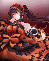 Rule 34 | 1girl, absurdres, black hair, breasts, clock eyes, date a live, dress, gothic lolita, gun, hairband, highres, holding, holding gun, holding weapon, large breasts, lolita fashion, long hair, red eyes, ria a9, smile, solo, symbol-shaped pupils, tokisaki kurumi, weapon, yellow eyes