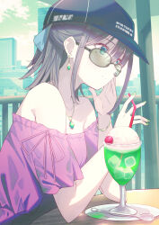 Rule 34 | 1girl, bare shoulders, baseball cap, black hat, brown hair, cup, drinking straw, drop earrings, earrings, from side, green eyes, green nails, hand on own face, hat, highres, holding, holding drinking straw, ice, jewelry, koh rd, medium hair, nail polish, necklace, off-shoulder shirt, off shoulder, original, pink shirt, shirt, short sleeves, sidelocks, solo, sunglasses, upper body