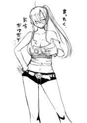 Rule 34 | 1girl, ahoge, bangle, bare arms, bare legs, bare shoulders, belt, blush, bracelet, breasts, cleavage, closed eyes, closed mouth, clothes writing, collarbone, commentary request, contrapposto, copyright request, crop top, crosshatching, facing viewer, feet out of frame, grabbing own breast, greyscale, groin, hair over one eye, hand on own hip, hatching (texture), highleg shorts, highres, hip focus, impossible clothes, jewelry, large breasts, long hair, micro shorts, midriff peek, monochrome, narrow waist, navel, rucchiifu, short shorts, shorts, side ponytail, simple background, single eye, sketch, solo, standing, stomach, strap slip, sweatdrop, translation request, white background
