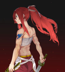 Rule 34 | 1girl, arm tattoo, arms at sides, back, bandaid, bare arms, bare shoulders, brown eyes, closed mouth, dual wielding, embers, erza scarlet, fairy tail, floating hair, from behind, hair ribbon, hal (sin diver), high ponytail, highres, holding, holding sword, holding weapon, long hair, looking afar, muscular, muscular female, no shirt, pants, ponytail, red hair, ribbon, sarashi, serious, sidelocks, solo, sword, tattoo, toned, upper body, weapon