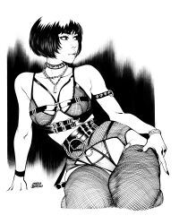 Rule 34 | 1girl, absurdres, bob cut, bra, breasts, choker, fishnet thighhighs, fishnets, highres, jewelry, justino barcelo, lips, looking to the side, medium breasts, nail polish, necklace, panties, persona, persona 5, short hair, sitting, solo, takemi tae, thighhighs, underwear