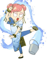 Rule 34 | 1girl, alternate costume, angry, anya (spy x family), bracelet, bucket, capcom, child, chinese clothes, chun-li, cosplay, earrings, endou tatsuya, full body, highres, jewelry, kicking, one leg raised, open mouth, pearl earrings, shoes, spy x family, street fighter, street fighter 6, water, white background