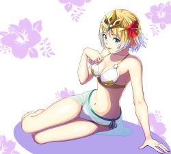 Rule 34 | 1girl, alternate costume, armpits, bare legs, barefoot, bikini, blonde hair, breasts, cleavage, earrings, fire emblem, fire emblem heroes, fjorm (fire emblem), floral background, full body, jewelry, legs together, looking at viewer, multicolored hair, navel, nintendo, sarong, see-through, silver hair, sitting, solo, sukkirito (rangusan), sweat, swimsuit, two-tone hair, white bikini