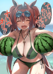 Rule 34 | 1girl, :d, ^ ^, animal ears, bikini, breasts, closed eyes, commentary, daiwa scarlet (umamusume), eyewear on head, fang, food, fruit, gluteal fold, green bikini, hair between eyes, highres, horse ears, horse girl, horse tail, jewelry, large breasts, long hair, necklace, open mouth, red hair, sasanon (sasapoliton), side-tie bikini bottom, smile, solo, speech bubble, standing, sunglasses, swimsuit, tail, translation request, twintails, umamusume, watermelon, wet