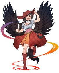 Rule 34 | 1girl, bandana, black hair, black wings, blue shirt, blush, boots, breasts, brown footwear, brown hat, brown skirt, cleavage, clenched hand, cowboy hat, feathered wings, frilled sleeves, frills, full body, hat, horse tail, kurokoma saki, large breasts, long hair, nyong nyong, open mouth, pegasus wings, red eyes, shirt, short sleeves, skirt, smile, solo, tail, touhou, transparent background, white bandana, wings