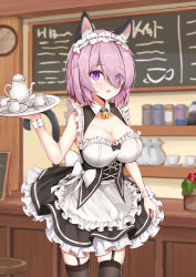Rule 34 | 1girl, :o, alternate costume, animal ear fluff, animal ears, apron, bare shoulders, bell, black thighhighs, blush, breasts, cat ears, cat tail, cleavage, coffee mug, collarbone, commentary request, cup, dress, enmaided, eyes visible through hair, fate/grand order, fate (series), hair over one eye, holding, holding plate, indoors, kinyoubi no nangong da, large breasts, light purple hair, looking at viewer, maid, maid apron, mash kyrielight, mug, open mouth, plate, purple eyes, short hair, solo, tail, teaspoon, thighhighs