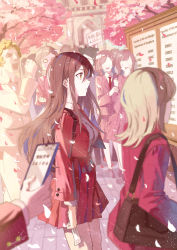 Rule 34 | 3boys, 6+girls, bag, brick road, brown eyes, brown hair, bulletin board, cherry blossoms, clipboard, collared shirt, crowd, day, falling petals, from side, highres, holding, holding paper, jacket, long hair, long sleeves, multiple boys, multiple girls, open clothes, open jacket, original, outdoors, paper, parted lips, petals, pleated skirt, school, school bag, school uniform, shi-ro, shirt, skirt, solo focus, spring (season), tree