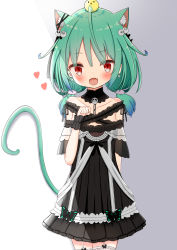 Rule 34 | 1girl, :d, absurdres, animal ear fluff, animal ears, bare shoulders, black dress, blush, cat ears, cat girl, cat tail, collarbone, commentary request, dress, fang, frilled thighhighs, frills, green hair, hair between eyes, hand up, heart, highres, hololive, jiu (sdesd3205), long hair, looking at viewer, low twintails, off-shoulder dress, off shoulder, open mouth, paw pose, red eyes, smile, solo, tail, thighhighs, twintails, uruha rushia, uruha rushia (3rd costume), virtual youtuber, white thighhighs, wrist cuffs