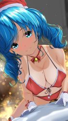 Rule 34 | 1girl, aigami shion, bell, bikini, blue eyes, blue hair, blurry, blurry background, blush, breasts, christmas, cleavage, closed mouth, commentary request, garter-velvet, hat, highres, jingle bell, large breasts, long hair, looking at viewer, mole, mole on breast, navel, neck bell, original, santa bikini, santa costume, santa hat, smile, solo, swimsuit, tan, tanline, twintails, twitter username, white background