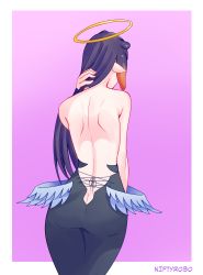 Rule 34 | 1girl, ass, back, back focus, backless dress, backless outfit, bare back, bare shoulders, black dress, dress, facing away, female focus, from behind, halo, highres, hololive, hololive english, long hair, low wings, niftyrobo, ninomae ina&#039;nis, ninomae ina&#039;nis (1st costume), outside border, pink background, pointy ears, self-upload, shoulder blades, virtual youtuber, wings