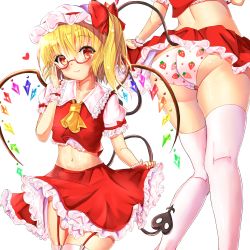 Rule 34 | 1girl, adjusting eyewear, arm garter, ascot, ass, bespectacled, blonde hair, blush, bow, closed mouth, clothes lift, cowboy shot, crop top, crop top overhang, crystal, flandre scarlet, food print, frilled skirt, frills, garter straps, glasses, hat, hat bow, highres, laevatein (tail), lifted by self, looking at viewer, midriff, mob cap, mogupuchi, multiple views, navel, panties, print panties, puffy short sleeves, puffy sleeves, red-framed eyewear, red bow, red eyes, red skirt, red vest, semi-rimless eyewear, shiny skin, short sleeves, side ponytail, skirt, skirt lift, skirt set, smile, strawberry print, tail, thighhighs, touhou, under-rim eyewear, underwear, vest, white panties, white thighhighs, wings, wrist cuffs
