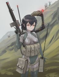 Rule 34 | absurdres, assault rifle, black hair, bodysuit, breasts, earpiece, folding stock, gun, highres, holding, holding gun, holding weapon, klottinen, load bearing vest, looking at viewer, magazine (weapon), multicolored hair, optical sight, original, pouch, rifle, short hair, skin tight, small breasts, strap, streaked hair, suppressor, thigh pouch, thigh strap, trigger discipline, two-tone bodysuit, weapon, yellow eyes