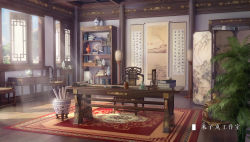 Rule 34 | architecture, artist name, book, calligraphy brush, carpet, chair, chinese commentary, chinese text, commentary request, cup, day, desk, east asian architecture, highres, moonslanstudio, no humans, original, paintbrush, painting (object), plant, plate, scenery, scroll, shade, shelf, sky, sunlight, teacup, teapot, vase, wooden floor