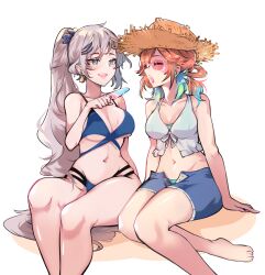 2girls absurdres breasts cleavage food grey_hair highres hololive hololive_english hololive_indonesia kenzeeato large_breasts multicolored_hair multiple_girls official_alternate_costume orange_hair pavolia_reine ponytail popsicle simple_background swimsuit takanashi_kiara takanashi_kiara_(casual) virtual_youtuber