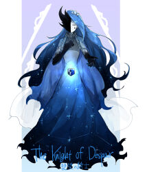 Rule 34 | 1girl, blue dress, blue hair, character name, closed eyes, constellation print, dress, full body, gradient background, gradient dress, gradient hair, hand on own chest, kankan33333, knight of despair, lobotomy corporation, long hair, multicolored hair, non-web source, outstretched hand, project moon, silhouette, single tear, smile, solo, starry sky print