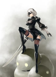 Rule 34 | 1girl, absurdres, bad id, bad pixiv id, black dress, black footwear, black gloves, black hairband, black ribbon, black thighhighs, blindfold, boots, breasts, brown thighhighs, cleavage, cleavage cutout, clothing cutout, covered eyes, dress, full body, gloves, hairband, high heel boots, high heels, highres, holding, holding sword, holding weapon, juliet sleeves, katana, leotard, long sleeves, medium breasts, nier:automata, nier (series), parted lips, puffy sleeves, ribbed dress, ribbon, robot, short dress, short hair, side slit, silver hair, solo, sword, tassel, thigh boots, thighhighs, turtleneck, weapon, white leotard, 2b (nier:automata), yuen