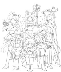 Rule 34 | 1990s (style), 6+girls, angel wings, bishoujo senshi sailor moon, bishoujo senshi sailor moon (first season), bishoujo senshi sailor moon sailor stars, bishoujo senshi sailor moon stars, bishoujo senshi sailor moon supers, boots, bow, brooch, chibi chibi, chibi usa, choker, cone hair bun, crescent, crescent facial mark, double bun, drill hair, elbow gloves, eternal sailor moon, eternal tiare, facial mark, forehead mark, gloves, greyscale, hair bun, hair ornament, hairpin, heart, heart brooch, heart hair bun, highres, holding, holding sword, holding weapon, jewelry, knee boots, lineart, long hair, magical girl, monochrome, multiple girls, multiple persona, pleated skirt, pointing, pretty guardian sailor moon, princess sailor moon, rabbit hair ornament, retro artstyle, ribbon, sailor chibi chibi, sailor chibi moon, sailor collar, sailor cosmos, sailor moon, sailor senshi, serious, short hair, sidelocks, simple background, skirt, suzuna mine, sword, tiara, tsukino kousagi, tsukino usagi, twintails, weapon, white background, wings