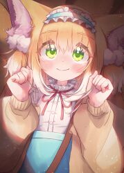 Rule 34 | 1girl, absurdres, animal ear fluff, animal ears, arknights, blonde hair, blue hairband, blush, cardigan, closed mouth, commentary, fox ears, frilled hairband, frills, green eyes, hairband, highres, ijipiku, looking at viewer, neck ribbon, official alternate costume, open cardigan, open clothes, red ribbon, ribbon, shirt, smile, solo, suzuran (arknights), suzuran (spring praise) (arknights), tareme, upper body, white shirt, yellow cardigan