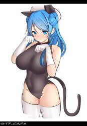 Rule 34 | 1girl, absurdres, alternate costume, animal ears, black leotard, blue eyes, blue hair, breasts, cat ears, cat tail, double bun, elbow gloves, fake tail, gloves, hair bun, hat, highres, kantai collection, large breasts, leotard, sailor hat, solo, tail, tf cafe, thighhighs, urakaze (kancolle), white gloves, white hat, white thighhighs
