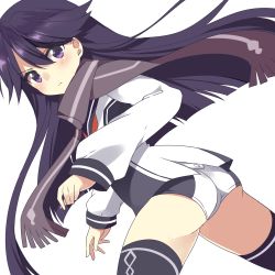 1girl ass bad_id bad_pixiv_id black_hair female_focus kuroki_rei long_hair mishima_kurone purple_eyes scarf school_uniform short_shorts shorts solo thighhighs vividred_operation