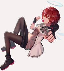 Rule 34 | 1girl, absurdres, arknights, black footwear, black pantyhose, black skirt, candy, commentary request, exusiai (arknights), food, grey background, grey shirt, gun, hair between eyes, halo, handgun, highres, holding, holding food, holding gun, holding weapon, jacket, lollipop, looking at viewer, miniskirt, open clothes, open jacket, orange eyes, pantyhose, partial commentary, pencil skirt, pistol, red hair, shirt, shoes, short hair, simple background, skirt, solo, syouko jiaozijun, weapon, white jacket