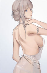 Rule 34 | 1girl, absurdres, back, bare back, blue eyes, braid, breasts, dress, french braid, highres, large breasts, lexington (warship girls r), lips, long hair, looking at viewer, looking to the side, open mouth, platinum blonde hair, rifu (643763873), sideboob, simple background, solo, standing, warship girls r, white dress