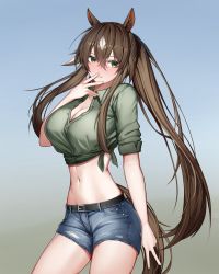 Rule 34 | 1girl, absurdres, alternate costume, animal ears, arknights, belt, black belt, blue background, breasts, brown hair, chun bae, cleavage, commentary request, cowboy shot, crop top, denim, denim shorts, gradient background, green eyes, green shirt, grey background, grin, hair between eyes, hand up, highres, horse ears, korean commentary, large breasts, long hair, looking at viewer, meteor (arknights), midriff, navel, ponytail, shirt, short shorts, short sleeves, shorts, smile, solo, standing, stomach, thighs, tied shirt, very long hair