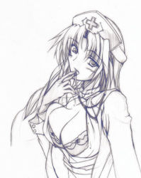 Rule 34 | 1girl, bra, breasts, cleavage, female focus, finger to mouth, gisyo, greyscale, hat, head tilt, lab coat, large breasts, lingerie, looking at viewer, lowres, monochrome, nurse cap, open clothes, open mouth, open shirt, parted bangs, shirt, simple background, sketch, solo, stethoscope, straight hair, touhou, underwear, upper body, white background, yagokoro eirin