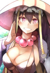 Rule 34 | 1girl, bead necklace, beads, bikini, bikini top only, blush, breasts, brown hair, cleavage, fate/grand order, fate (series), grin, hair between eyes, hat, headpiece, highres, ichimegasa, jewelry, large breasts, long hair, long sleeves, looking at viewer, necklace, prayer beads, purple eyes, ribbon-trimmed sleeves, ribbon trim, smile, solo, swimsuit, underboob, upper body, white bikini, wide sleeves, xuangzang sanzang (fate), yuzuki himuka