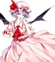 Rule 34 | 1girl, apple, ascot, bat wings, food, fruit, hat, hat ribbon, kozou (soumuden), looking at viewer, mob cap, open mouth, puffy sleeves, purple hair, red eyes, remilia scarlet, ribbon, sash, shirt, short hair, short sleeves, simple background, skirt, skirt set, smile, solo, touhou, vest, white background, wings