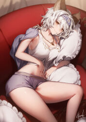 Rule 34 | 1girl, animal ears, blush, brown eyes, character request, check character, closed mouth, couch, erune, feet out of frame, genyaky, granblue fantasy, hair ornament, heles, lying, on side, pillow, purple shorts, shirt, short shorts, shorts, signature, smile, solo, thighs, white hair, white shirt