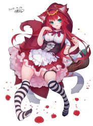 Rule 34 | 1girl, animal ears, apple, apron, basket, black choker, bottle, choker, corset, dated, ear piercing, fangs, food, frilled apron, frills, fruit, full body, green eyes, highres, hood, hood up, layered skirt, little red riding hood, looking at viewer, open mouth, original, petticoat, piercing, puffy short sleeves, puffy sleeves, red hair, red hood, red skirt, reku hisui, ribbed shirt, shirt, short sleeves, signature, skirt, solo, striped clothes, striped thighhighs, tail, thigh strap, thighhighs, waist apron, white apron, white shirt, wolf ears, wolf tail