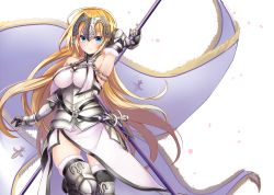 Rule 34 | armor, armpits, banner, black thighhighs, blonde hair, blue eyes, blush, bodysuit, breasts, breasts apart, fate/apocrypha, fate (series), faulds, jeanne d&#039;arc (fate), jeanne d&#039;arc (ruler) (fate), jeanne d&#039;arc (third ascension) (fate), long hair, polearm, sheath, sheathed, simple background, smile, solo, thighhighs, very long hair, warrior, weapon, white background