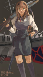 Rule 34 | 1girl, american flag, black skirt, black socks, blunt bangs, breasts, brown hair, browning auto 5, character name, chinese commentary, closed mouth, commentary request, dated commentary, feet out of frame, green eyes, grey vest, gun, helena (kancolle), holding, holding gun, holding weapon, kantai collection, long hair, long sleeves, looking at viewer, medium breasts, rigging, shirt, shotgun, signature, skirt, smile, socks, solo, vest, weapon, white shirt, zi tsas