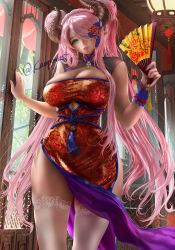 Rule 34 | 1girl, alternate costume, aqua eyes, bangle, bracelet, breasts, china dress, chinese clothes, cleavage, commission, double bun, draph, dress, flower, folding fan, granblue fantasy, hair bun, hair flower, hair ornament, hair over one eye, hand fan, highres, horns, jewelry, kaopon, lace, lace-trimmed thighhighs, large breasts, lips, nail polish, narmaya (granblue fantasy), parted lips, pink hair, pointy ears, red nails, rose, skeb commission, solo, taut clothes, thighhighs, twintails, twitter username, white thighhighs