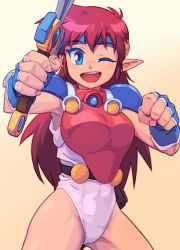 Rule 34 | 1girl, armor, blue eyes, clenched hand, colored eyelashes, falcom, fingerless gloves, gloves, gradient background, headband, leotard, long hair, mail (popful mail), one eye closed, pointy ears, popful mail, popful mail (character), red hair, sepia background, smile, solo, sword, teritama, weapon, white background, wink