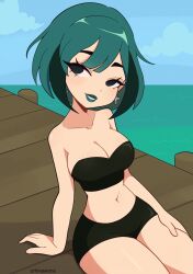 Rule 34 | 1girl, absurdres, black shorts, blue sky, breasts, cleavage, cremanata, earrings, gwen (total drama), hairstyle request, highres, jewelry, large breasts, medium hair, midriff, pier, shorts, sitting, sky, teeth, total drama, water