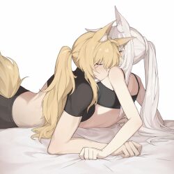 Rule 34 | 2girls, animal ear fluff, animal ears, arknights, bare arms, bare shoulders, black shirt, blonde hair, camisole, closed eyes, commentary, crop top, dlanon, horse ears, long hair, midriff, multiple girls, nearl (arknights), platinum (arknights), ponytail, shirt, simple background, spaghetti strap, tail, white background, white hair, yuri