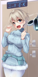 Rule 34 | 1girl, ahoge, belt, blonde hair, blue eyes, blush, brave witches, character name, cowboy shot, hands up, happy, highres, indoors, locker, locker room, looking at viewer, nikka edvardine katajainen, nksk, open mouth, ribbed sweater, short hair, solo, sweater, turtleneck, white legwear, world witches series